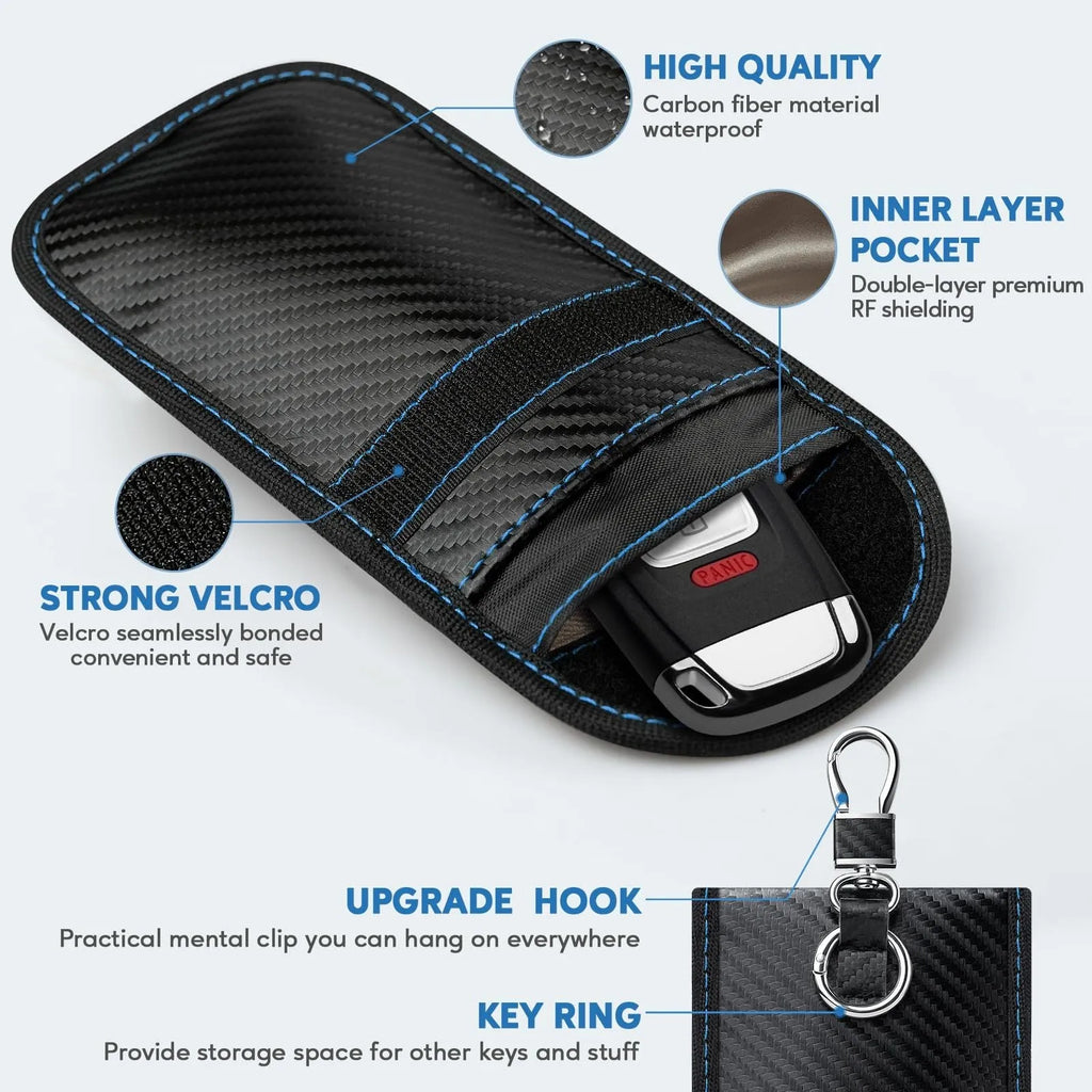 Faraday bag key protector (16 x 10 cm) in blue, green, red, and white for car key fob signal blocking anti-theft
