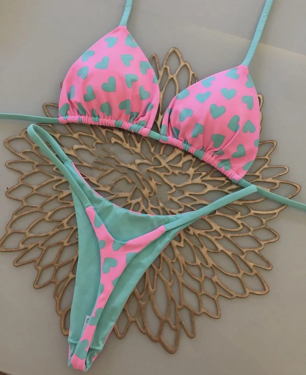 Heart printing backless split swimsuit briefs in quick-drying nylon with cotton lining