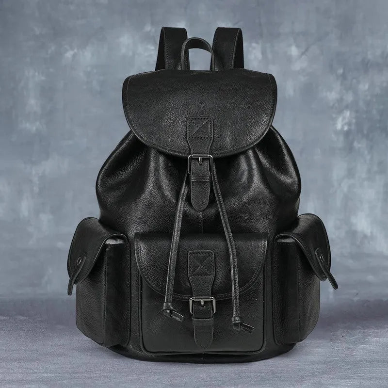 Genuine leather retro backpack for men, top grain, light brown, with ergonomic back panel and geometric pattern
