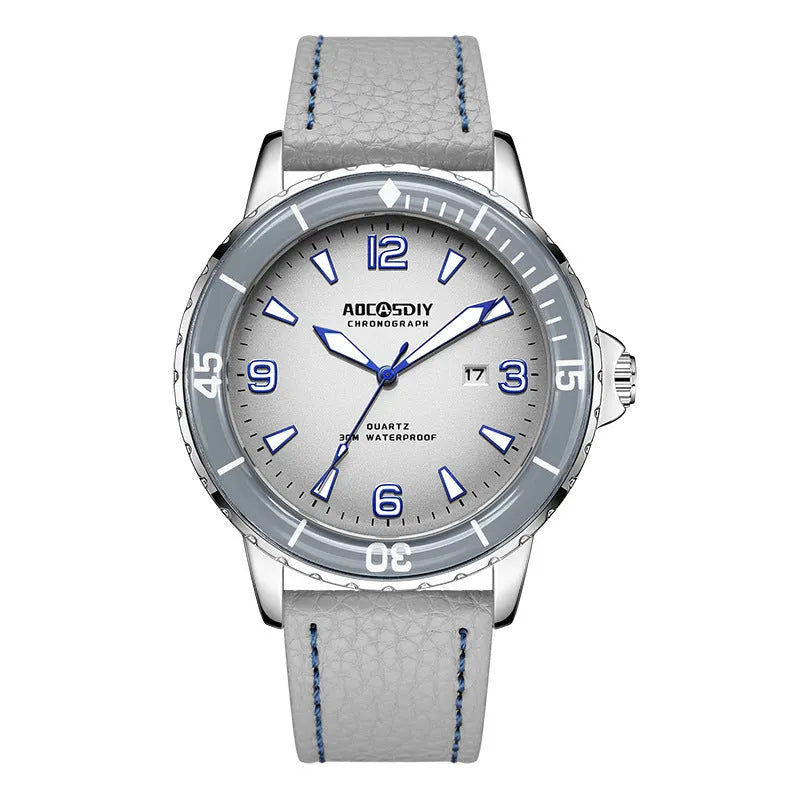 Casual digital men's quartz watch with 45mm round dial, calendar, mineral glass, and spiral crown on light background