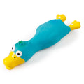 Squeaky latex duck pet sound toy in red, blue, and yellow