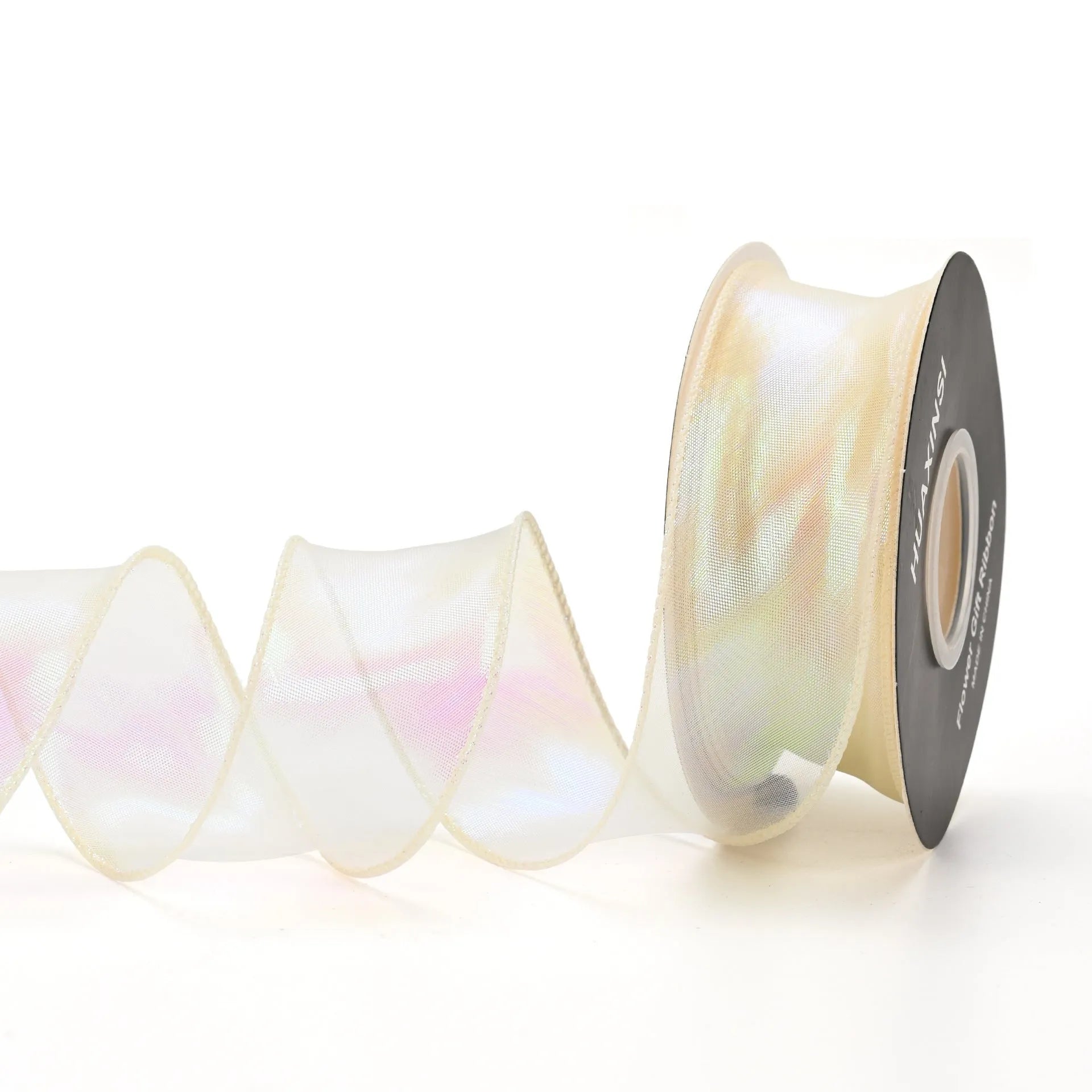 Fishtail yarn wave ribbon in various illusion colours showing 4cm width and textured mesh construction