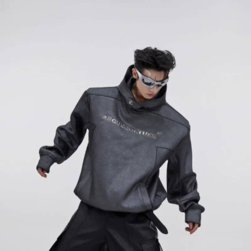 Men's loose-fit hooded sweatshirt with three-dimensional printing in red, black, and grey.