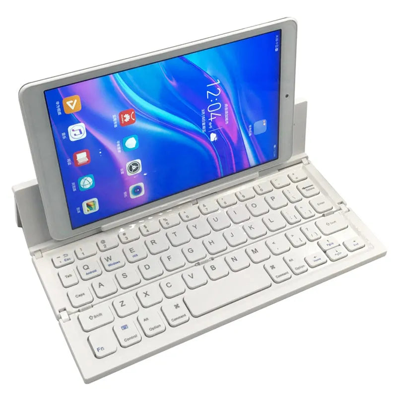 Black folding wireless Bluetooth keyboard for tablets showing compact 5.8-inch design with aluminium bottom and numeric keypad