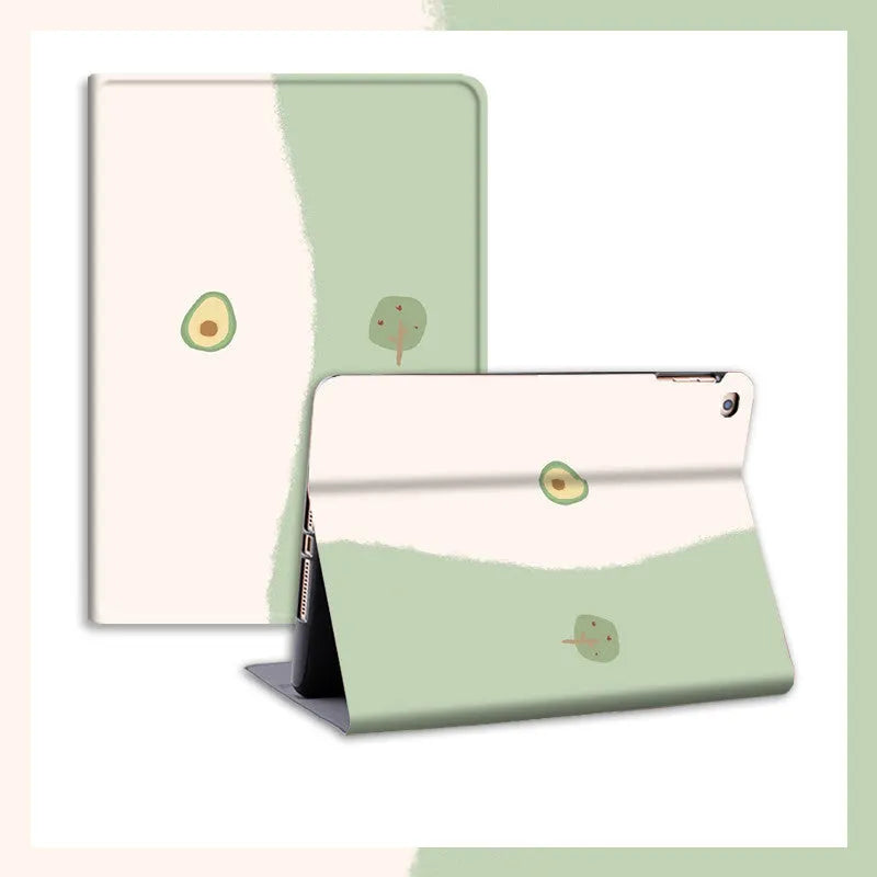 Literary avocado cartoon silicone protective case for multiple iPad models in book style with pen slot