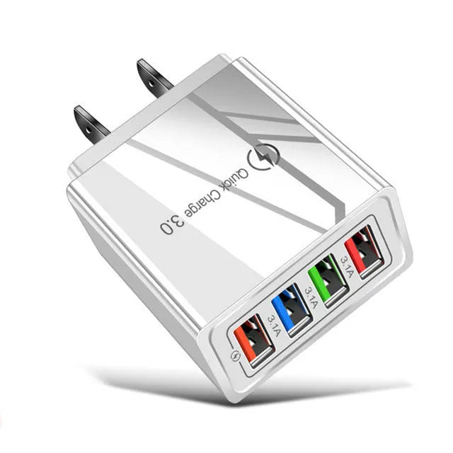 Multi-port USB charging head with four ports, PC+ABS housing in black, white, and blue options