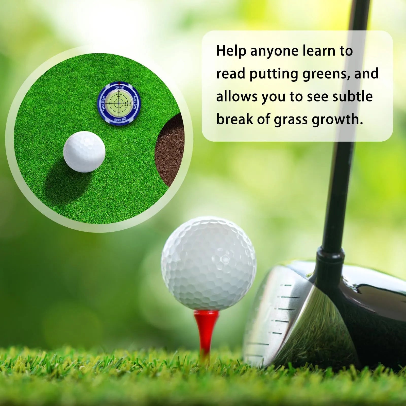 Golf level hat clip with bubble vial and position mark, shown in multiple colour variations.