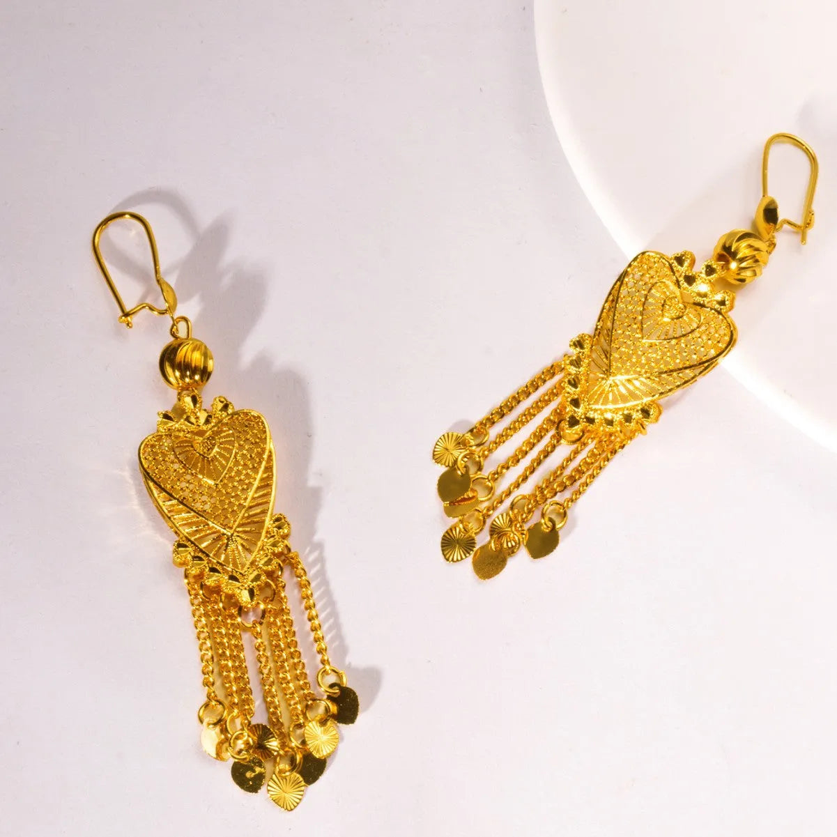 Golden hollow heart tassel long drop copper earrings for women retro OL style