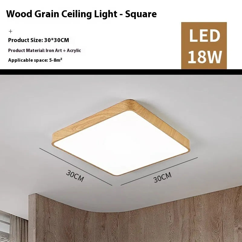 Square Nordic LED ceiling light with iron frame and wood grain finish shown in three size options