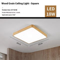 Square Nordic LED ceiling light with iron frame and wood grain finish shown in three size options