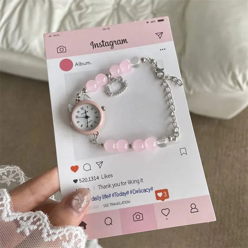 Women's chain watch with cat ear frame in silver, 8mm thickness, casual style