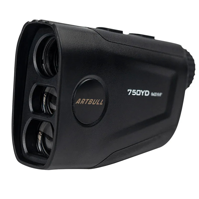 Golf laser rangefinder with 750 yard range showing flag lock and slope compensation functions