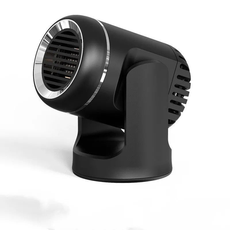 Compact black and white 12v car heater with dual cold/warm settings for vehicle defrosting and cabin comfort