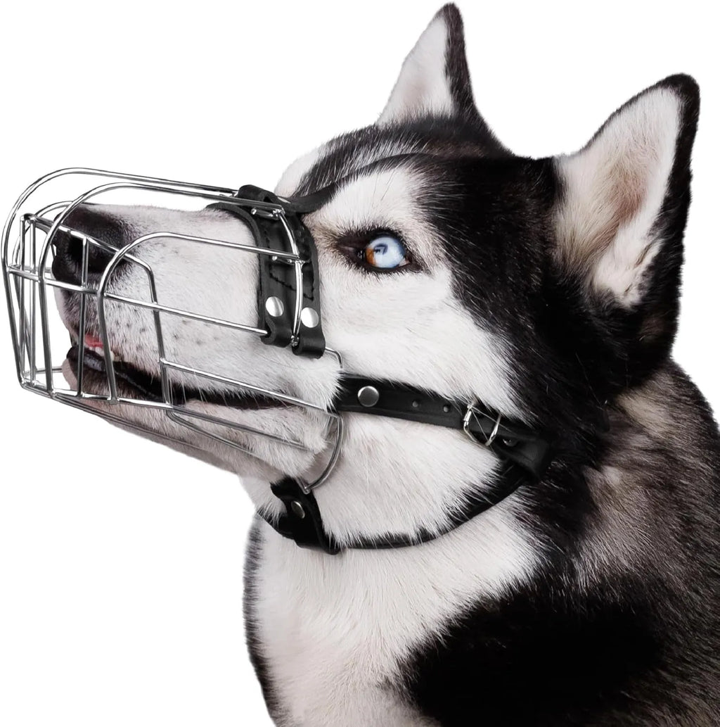 Black metal dog muzzle designed for Golden Retriever and German Shepherd breeds
