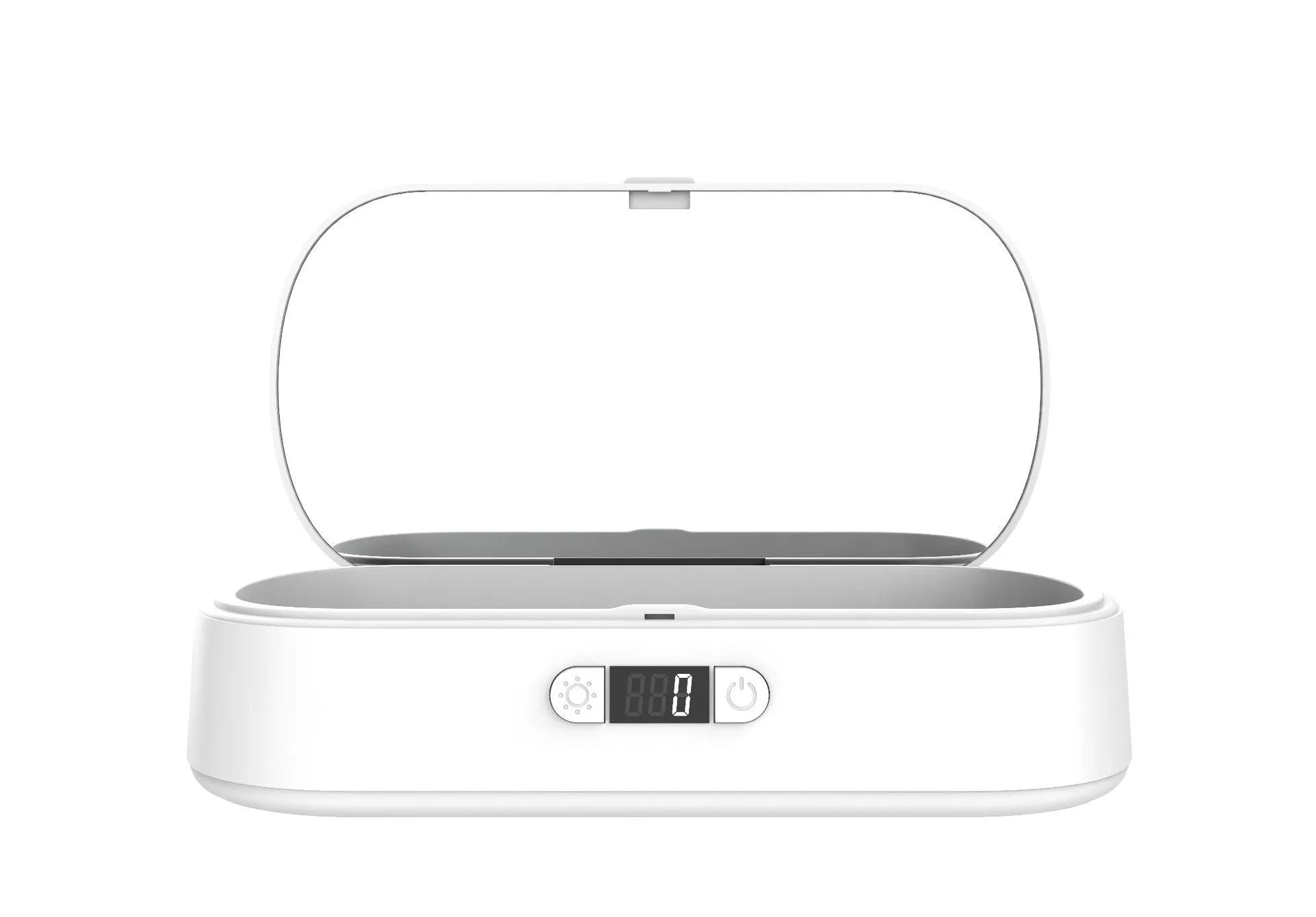 White UV wireless disinfection and charging box for sterilising mobile phones and personal items.