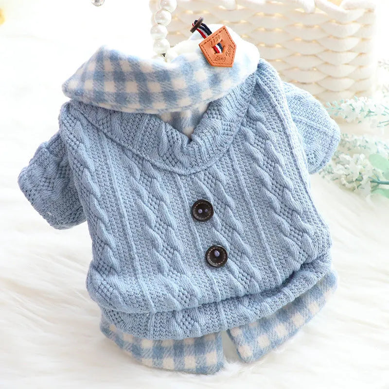 Blue wool plaid dog sweater with fleece lining on a small dog