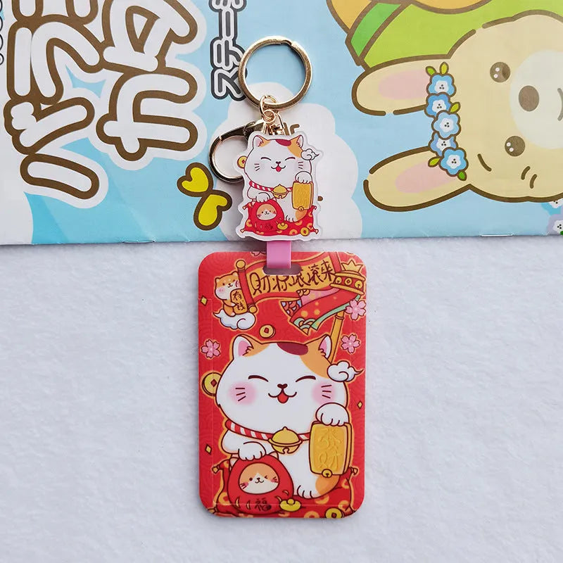 Cartoon lucky cat design plastic certificate sleeve and matching ferrule pendant set.
