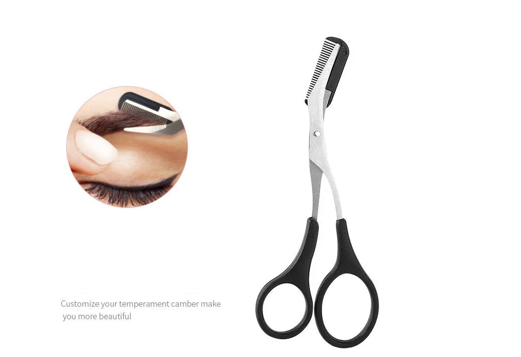 Black eyebrow trimmer set with stainless steel blade and compact 14x10x2cm dimensions