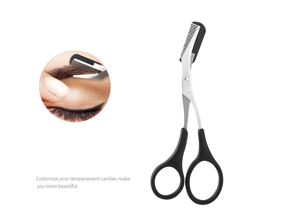 Black eyebrow trimmer set with stainless steel blade and compact 14x10x2cm dimensions