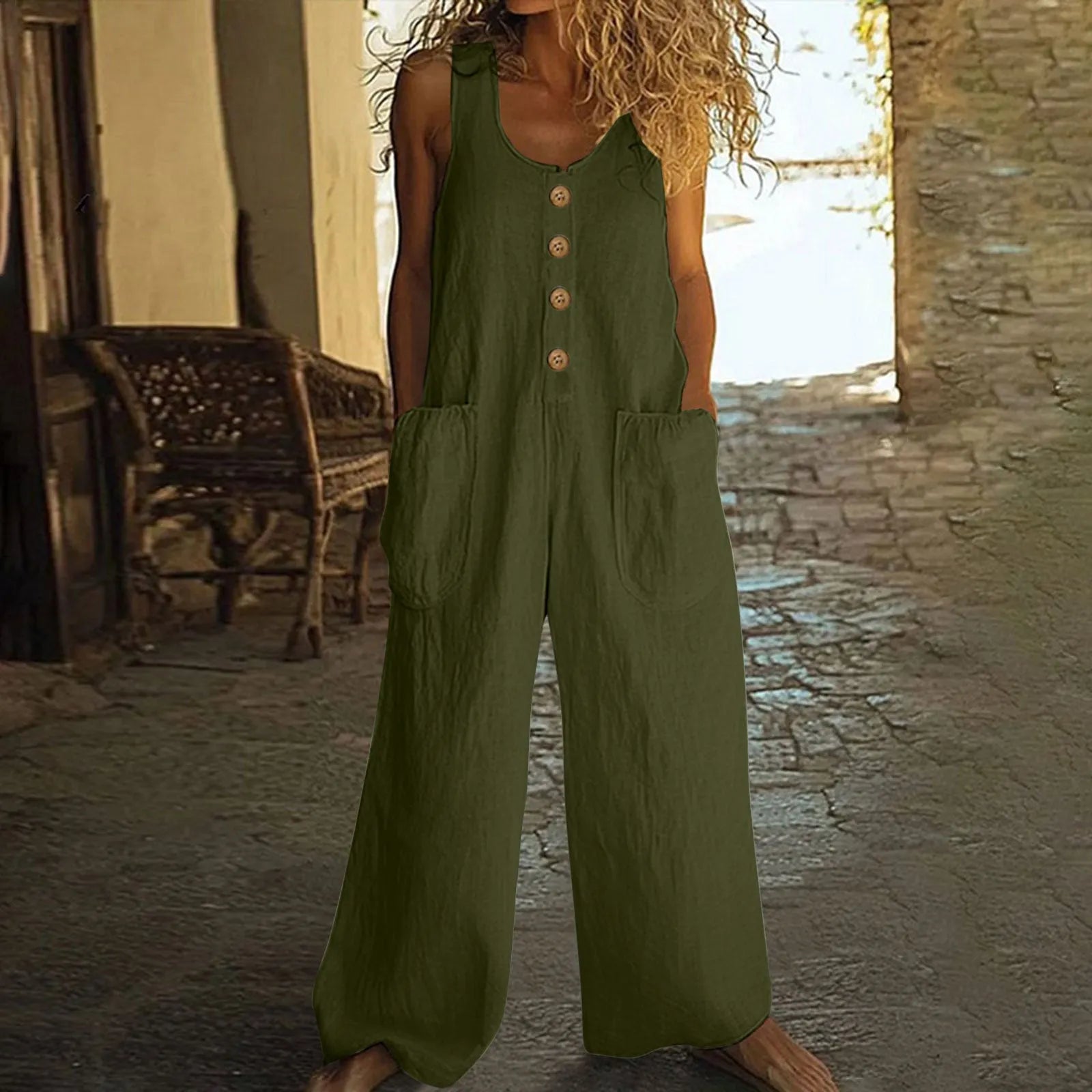 Sleevelwide leg cotton jumpsuit in Art retro style with pockets in various colours