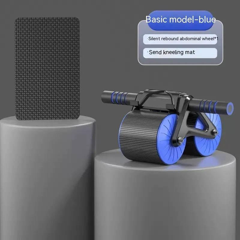 Black abdominal exercise wheel with automatic rebound mechanism next to a grey NBR yoga mat.
