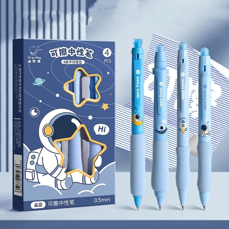 Cartoon-themed erasable gel pen with 0.5mm tip showing character designs and black or blue ink options