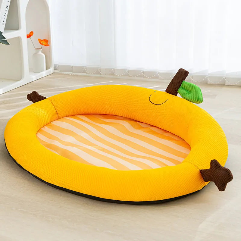 Green fruit backrest pet cooling mat for dogs and cats on a wooden floor