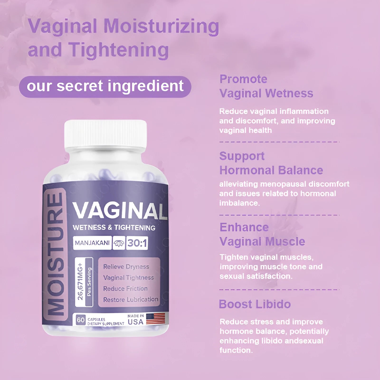 60-capsule vaginal herbal supplement bottle for adult women's intimate wellness