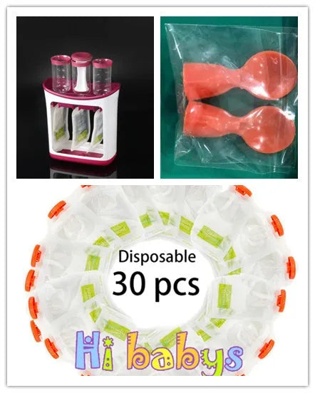 Baby food Squeeze Station machine with 4oz pouches and spoons on a table