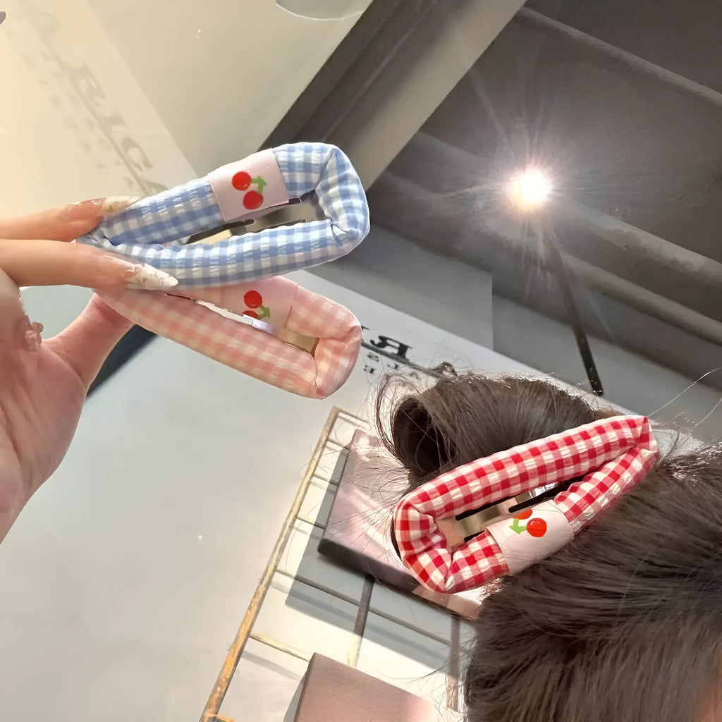 Cute plaid cherry barrette for girls in blue checkered pattern handmade cloth hair clip