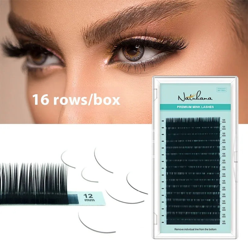 Artificial fibre false eyelashes showing length options from 7mm to 15mm with thickness specifications