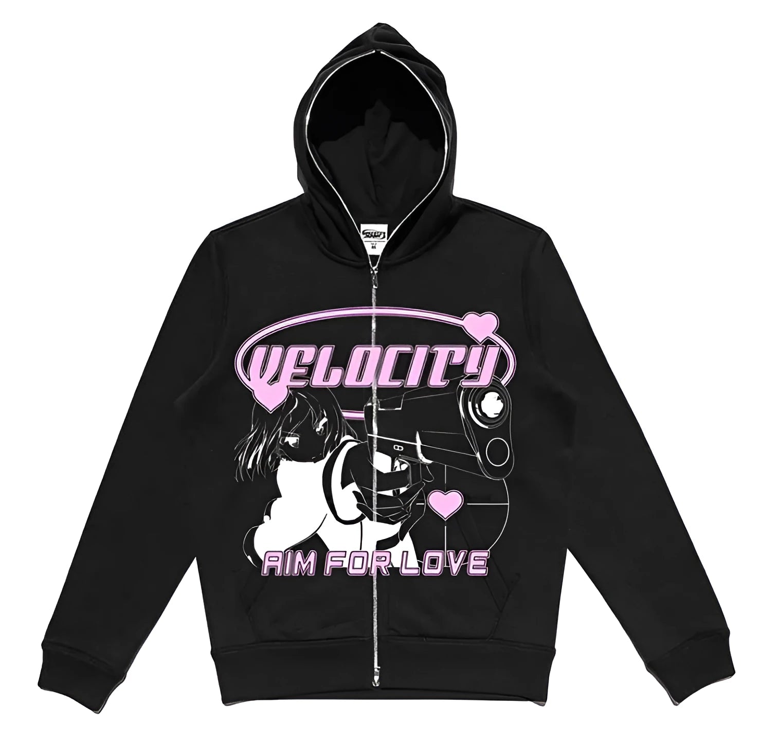 Street hip hop gothic black zip hoodie women loose fit print long sleeve