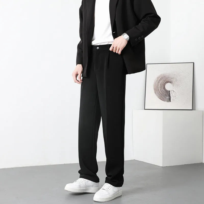 Men's fleece-lined casual trousers in solid colour, mid waist with zipper fly, Ice Silk fabric