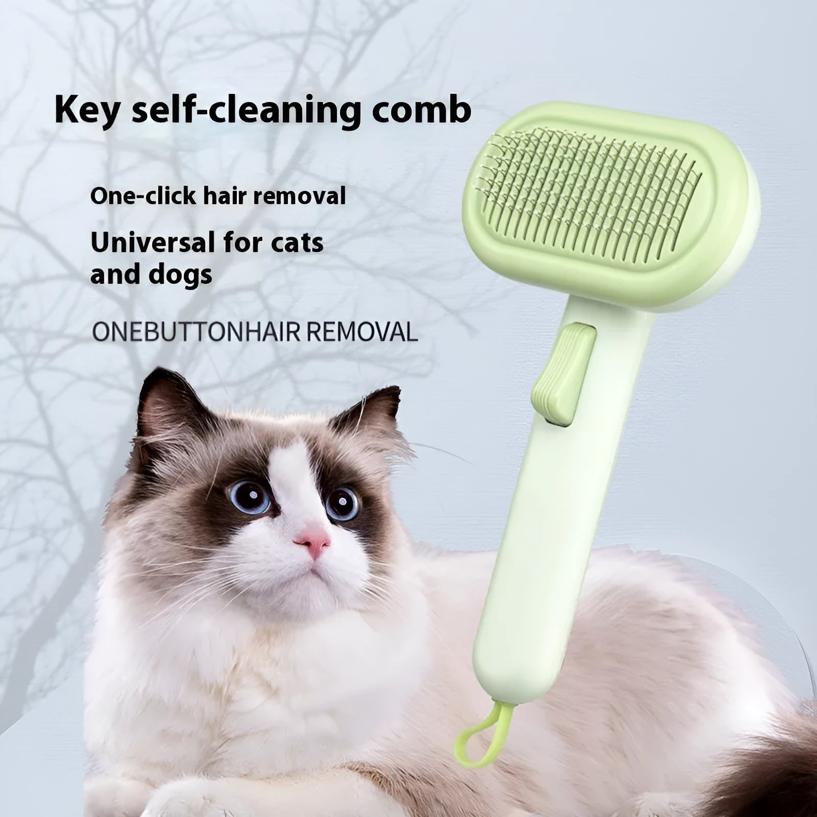 Large light grey pet hair removal comb with stainless steel blade and one-click button.