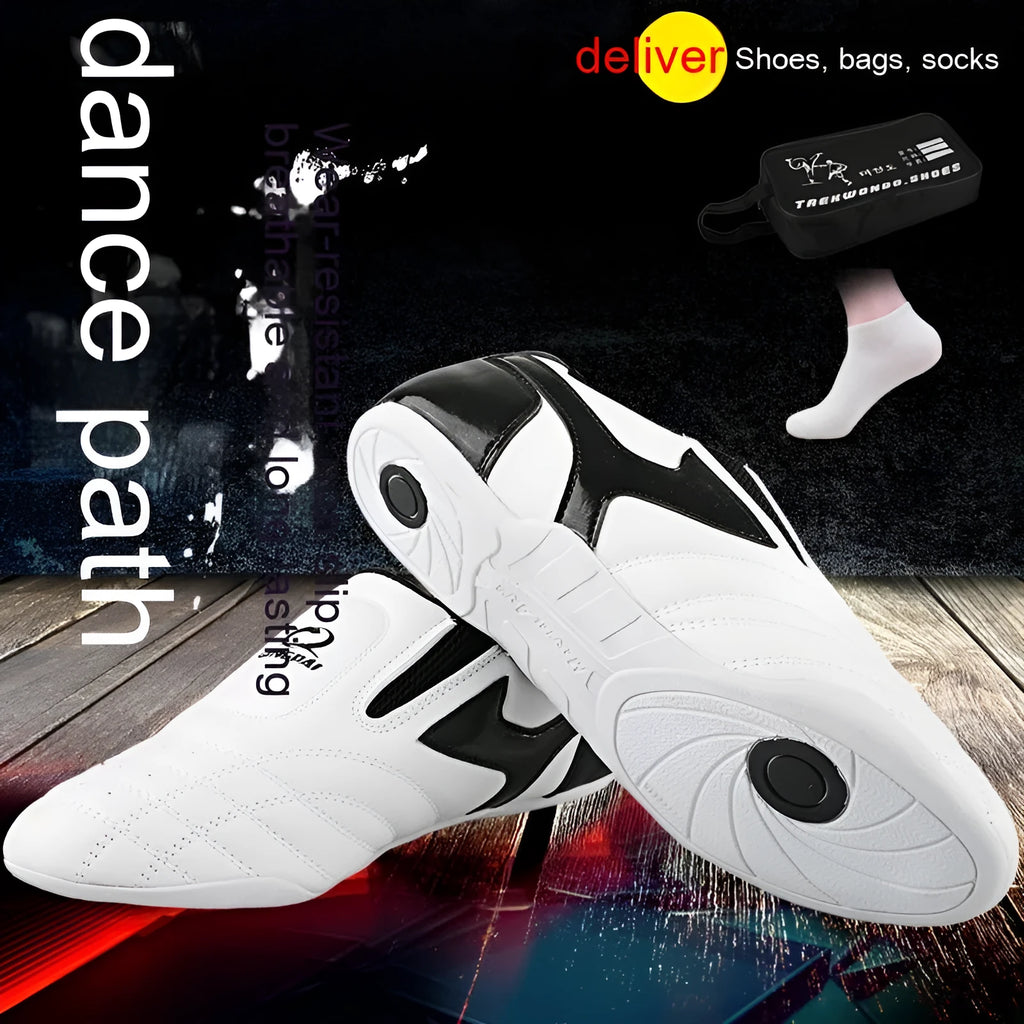 Black and white PU Taekwondo martial arts training shoes with a soft sole.