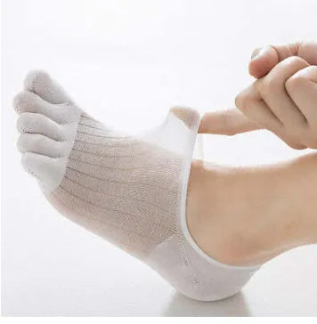 Modal cotton five-finger ultra-thin boat socks in solid colours including black, grey, khaki, and white.