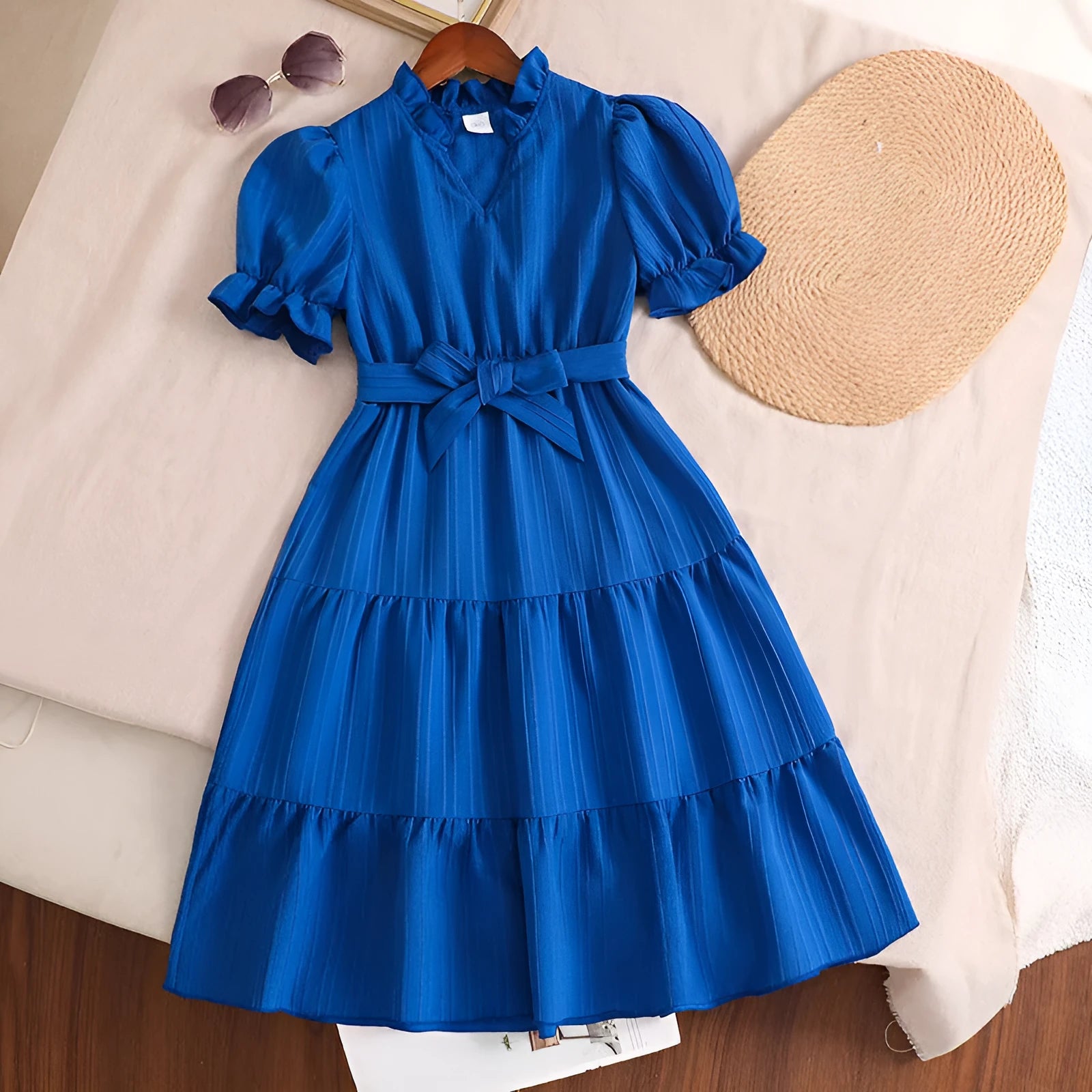 Girls' blue V-neck puff sleeve lace-up dress with A-line skirt, cotton blend, for ages 8-11
