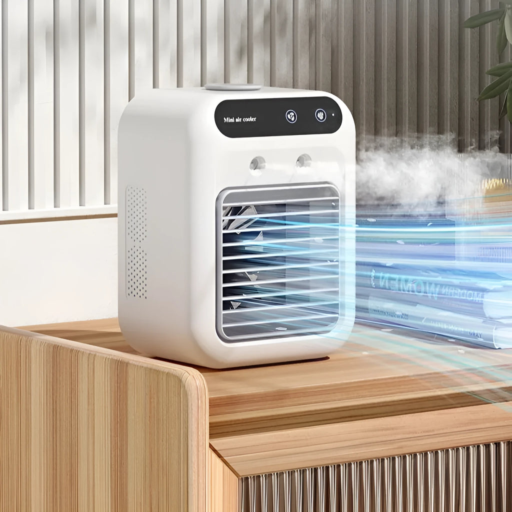 Ivory white portable air cooler with water cooling and atomization, USB powered, touchscreen control, 25W