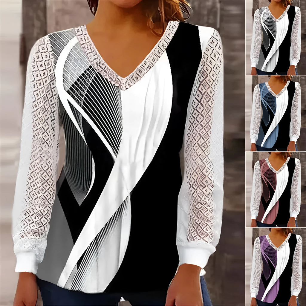 Purple V-neck loose print hollow-out lace top with long sleeves