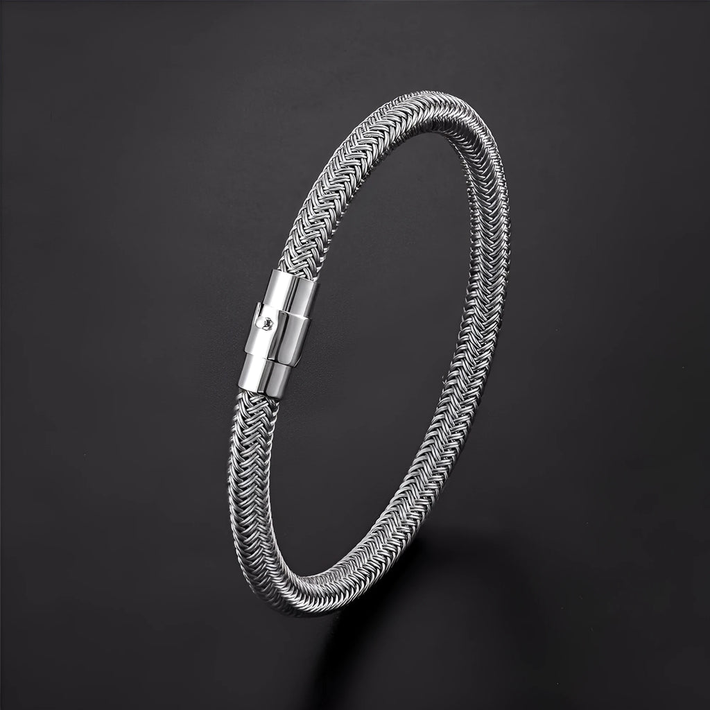 Men's titanium steel geometric wire bracelet with a magnetic clasp, shown in a silver finish.