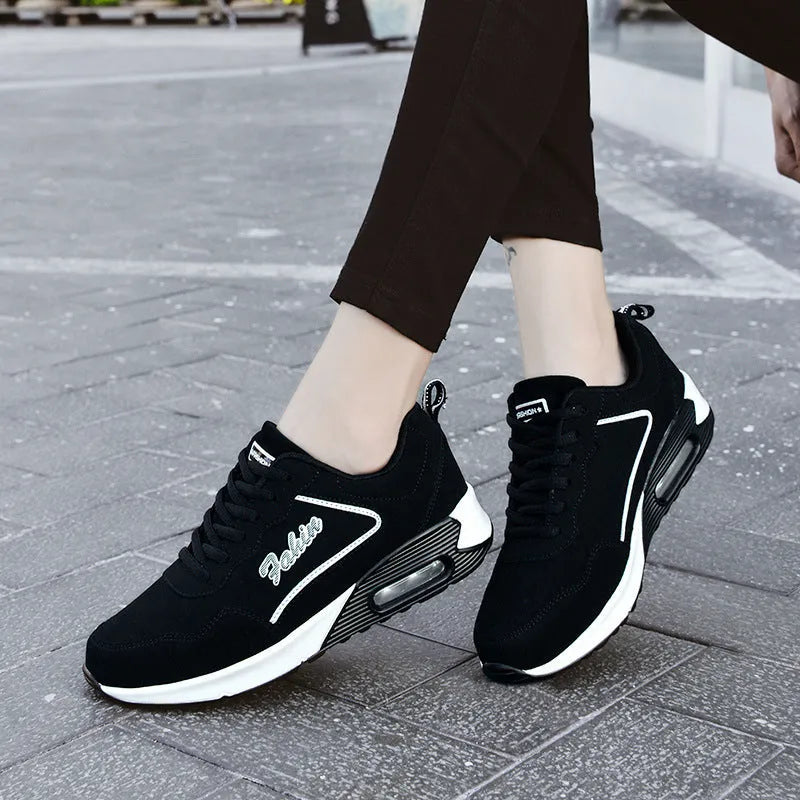 Women's spring leather plus size air cushion sports shoes in Wo 1909 black and white, low top lace up style