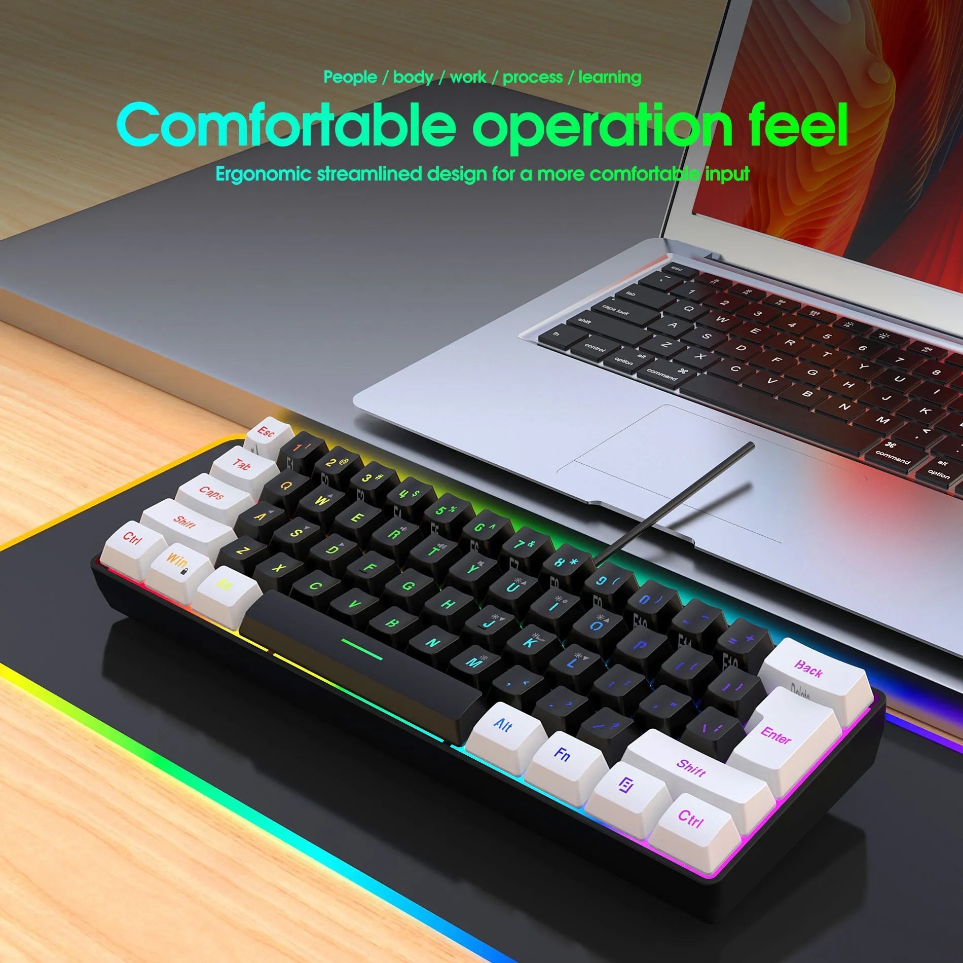 Simple wired white and black 61-key membrane keyboard with a USB cable on a desk