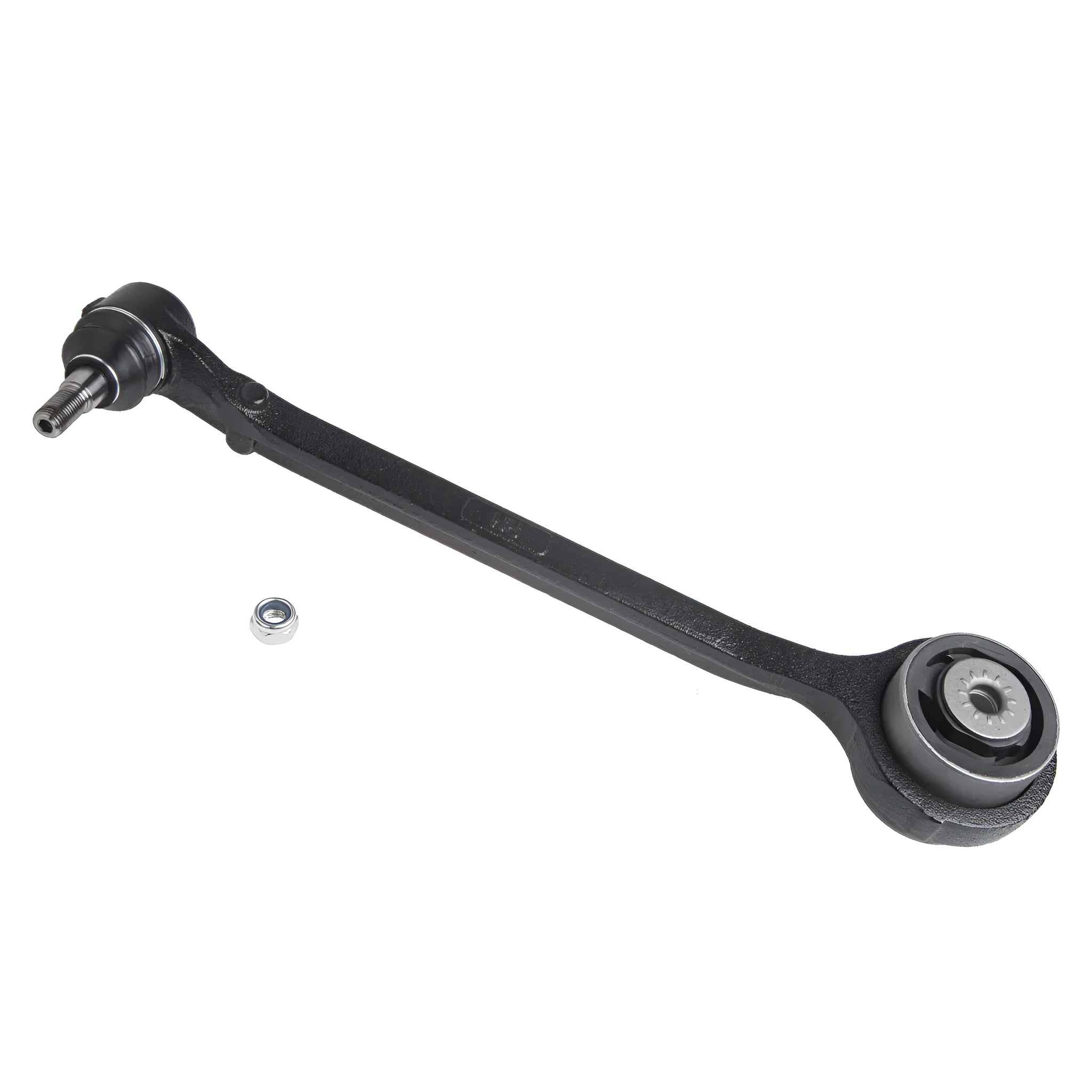 Black automotive control arm for Dodge and Chrysler MacPherson suspension systems