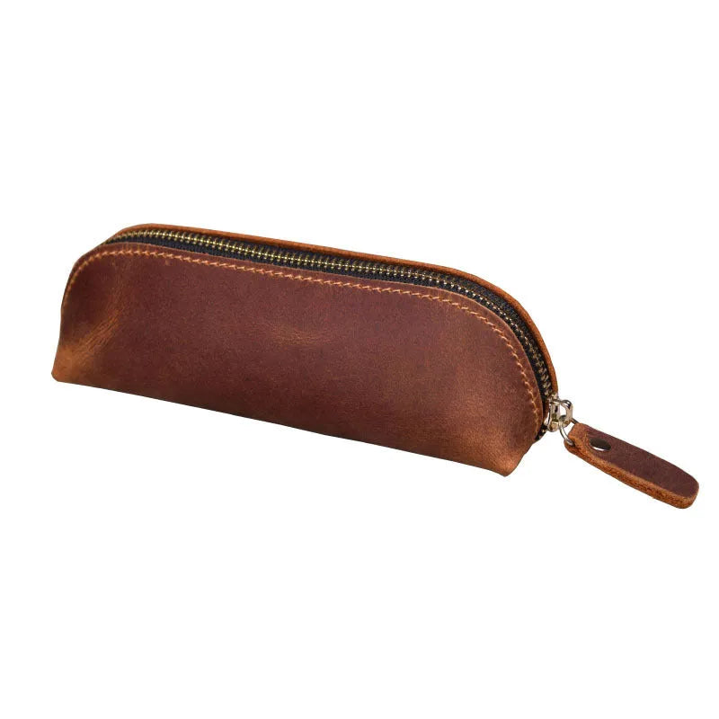 Square cowhide leather pencil case with zip closure measuring 18cm