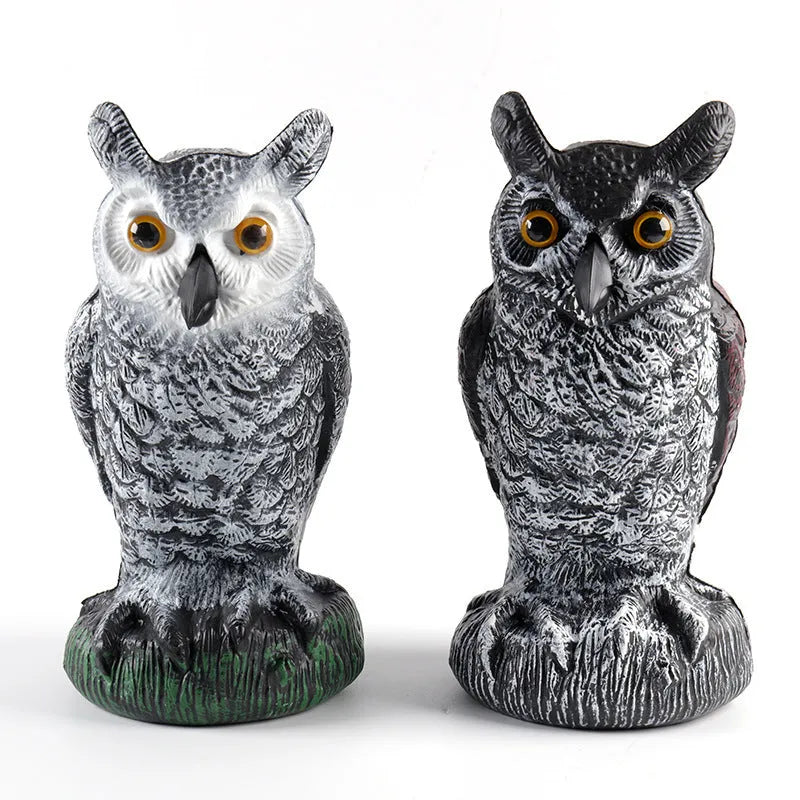 Three-piece set of red artificial PE plastic owl garden ornaments on a white background