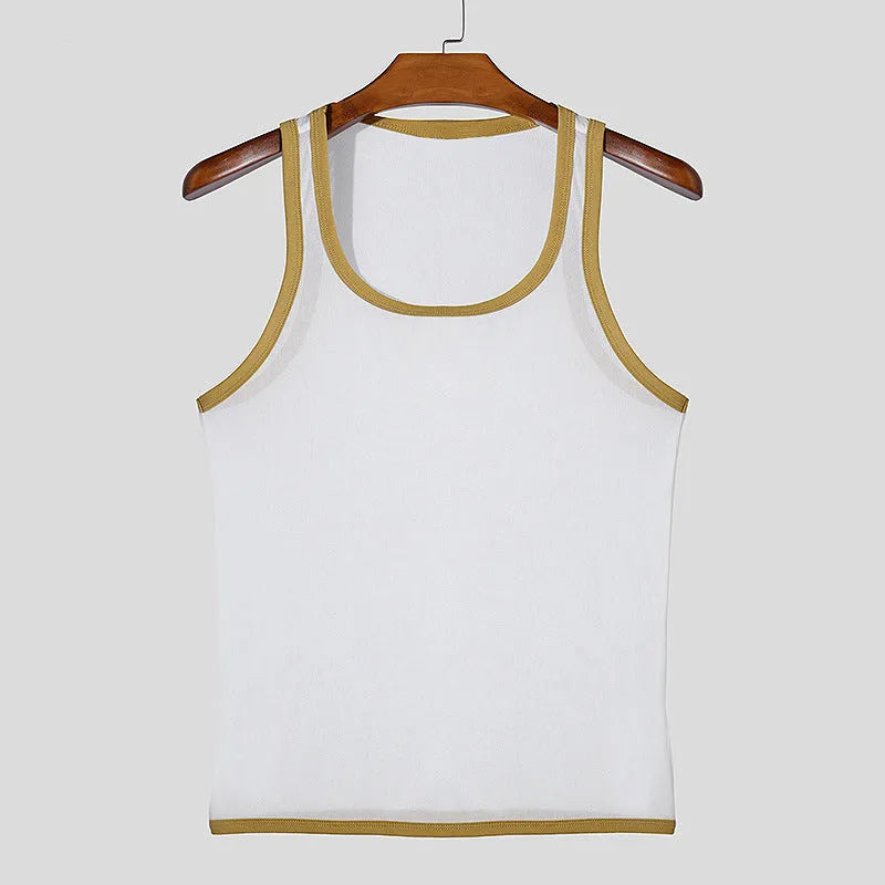 Men's black polyester mesh sleeveless fitness vest on a white background
