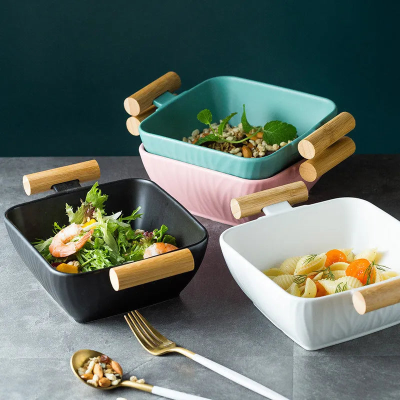 Modern irregular-shaped porcelain ceramic serving bowl with matching lid