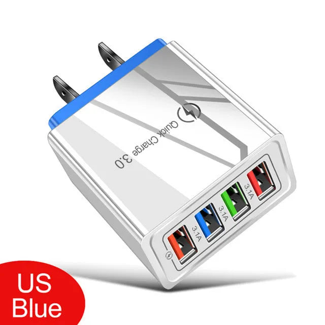 Multi-port USB charging head with four ports, PC+ABS housing in black, white, and blue options