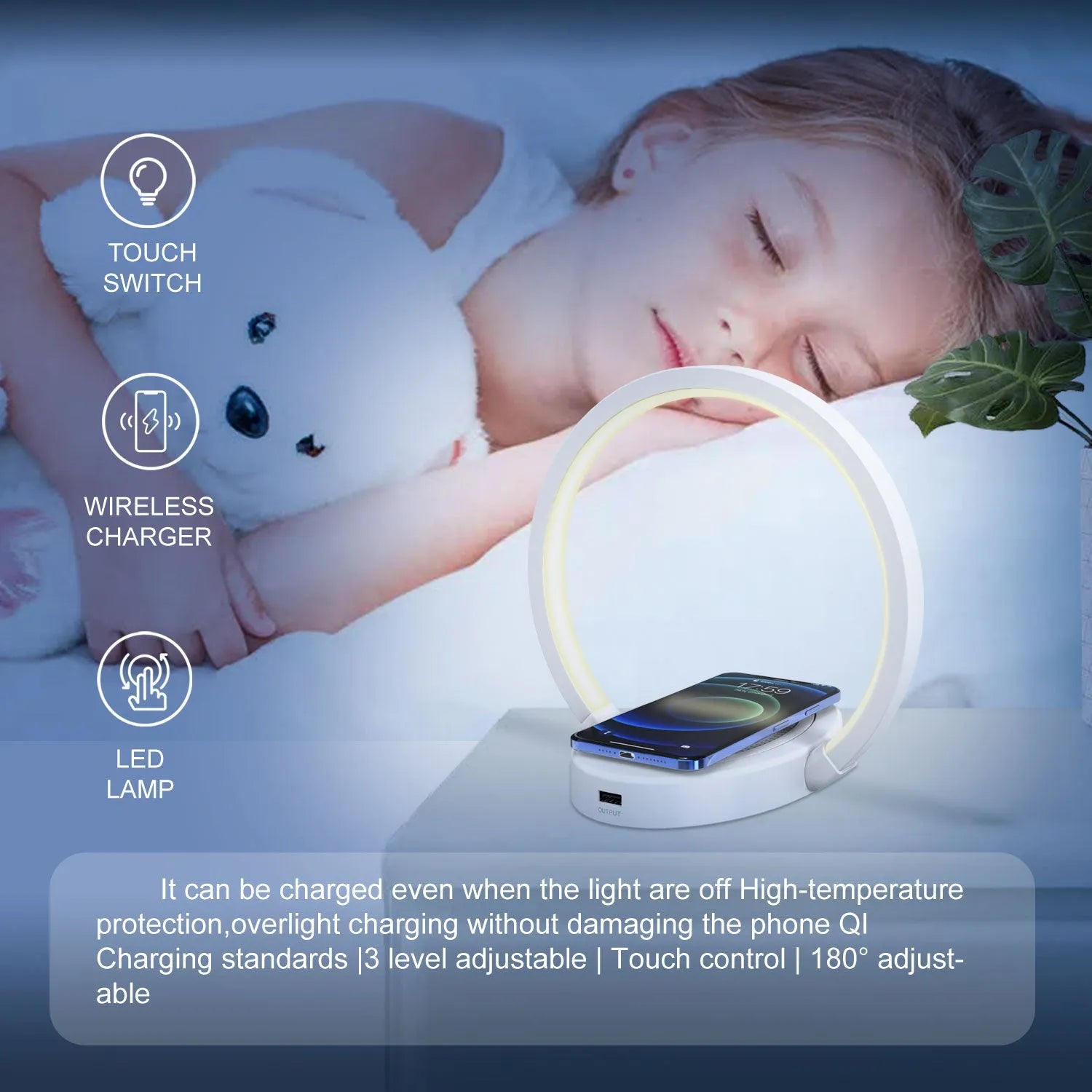 Night light lamp Bluetooth speaker table light with 10W wireless charger USB port phone holder in black finish
