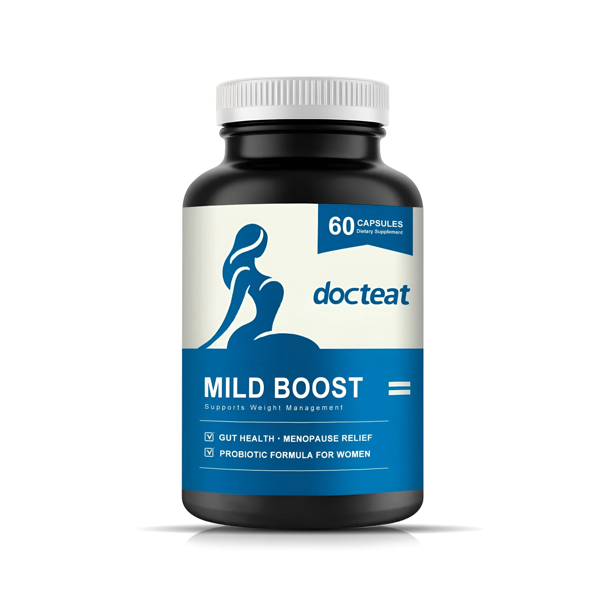 Bottle of 60 probiotic and herbal supplement capsules with turmeric and moringa extracts.